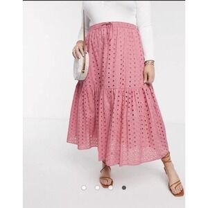 ASOS Eyelet Midi Skirt Womens US 16 Pink Cotton Tiered Drawstring